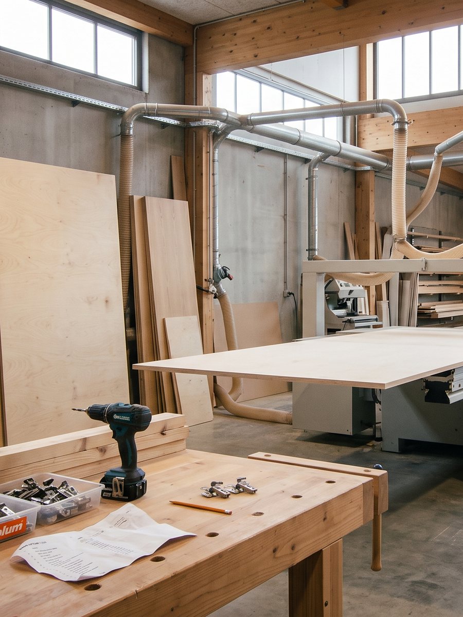 Villa Ideas workshop floor with panel saw and assembly benches
