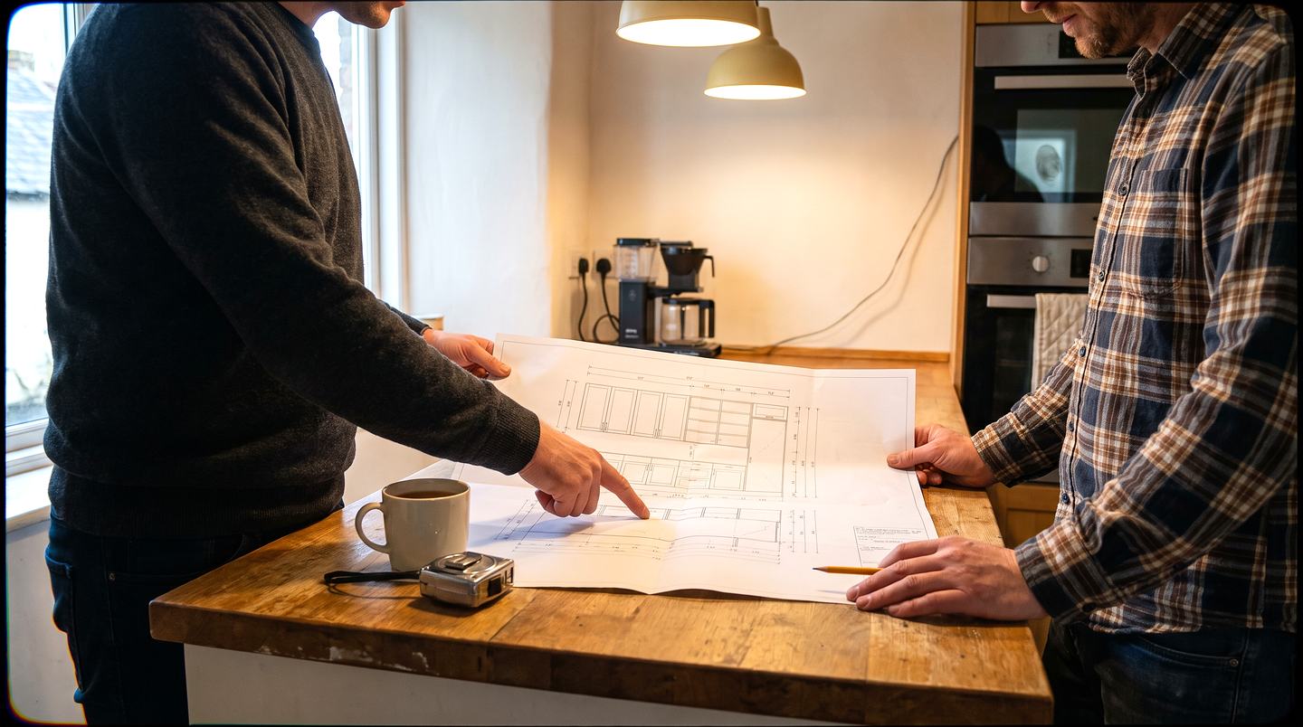 Designer and carpenter reviewing a cabinet drawing on site