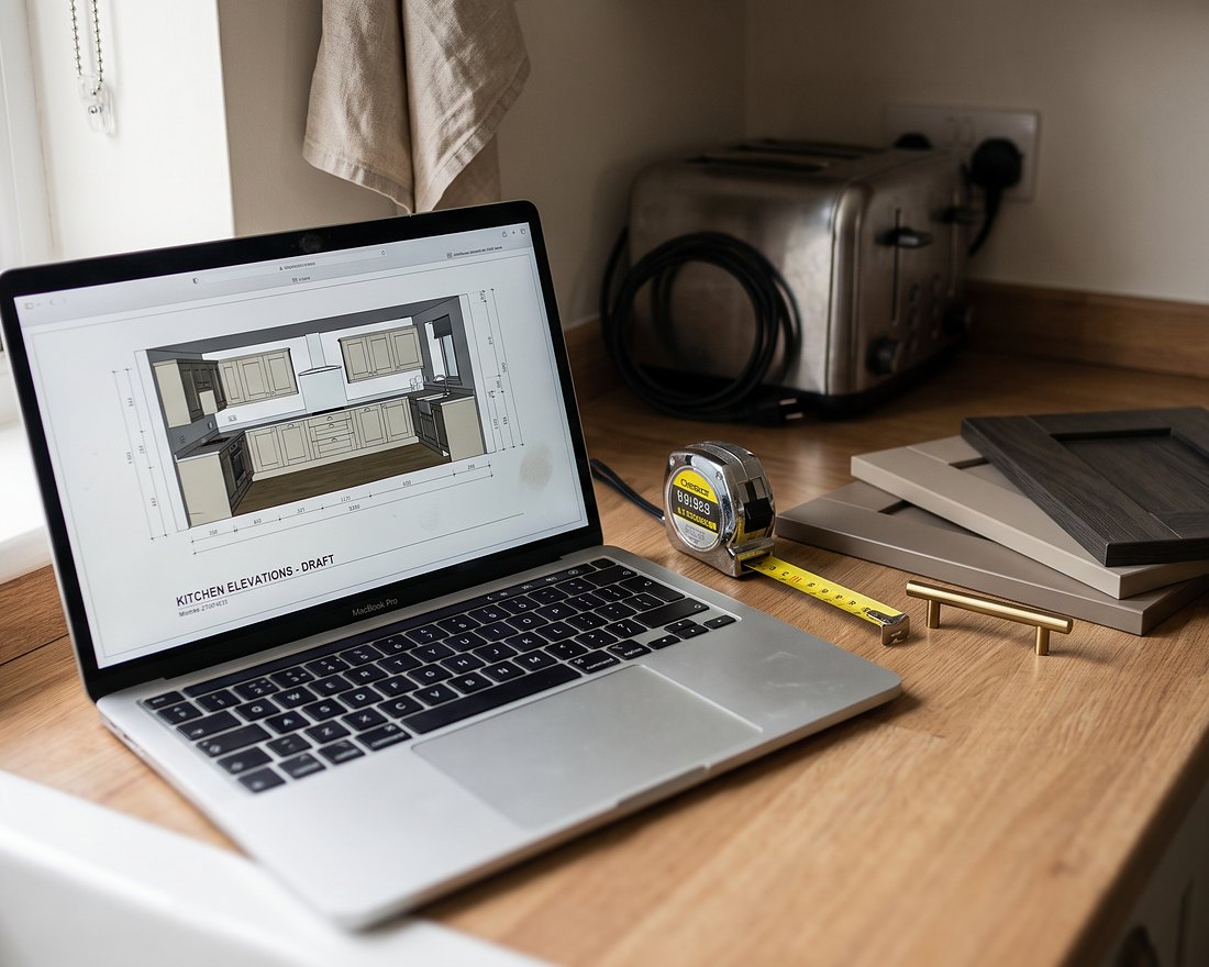 3D kitchen design render being reviewed on screen