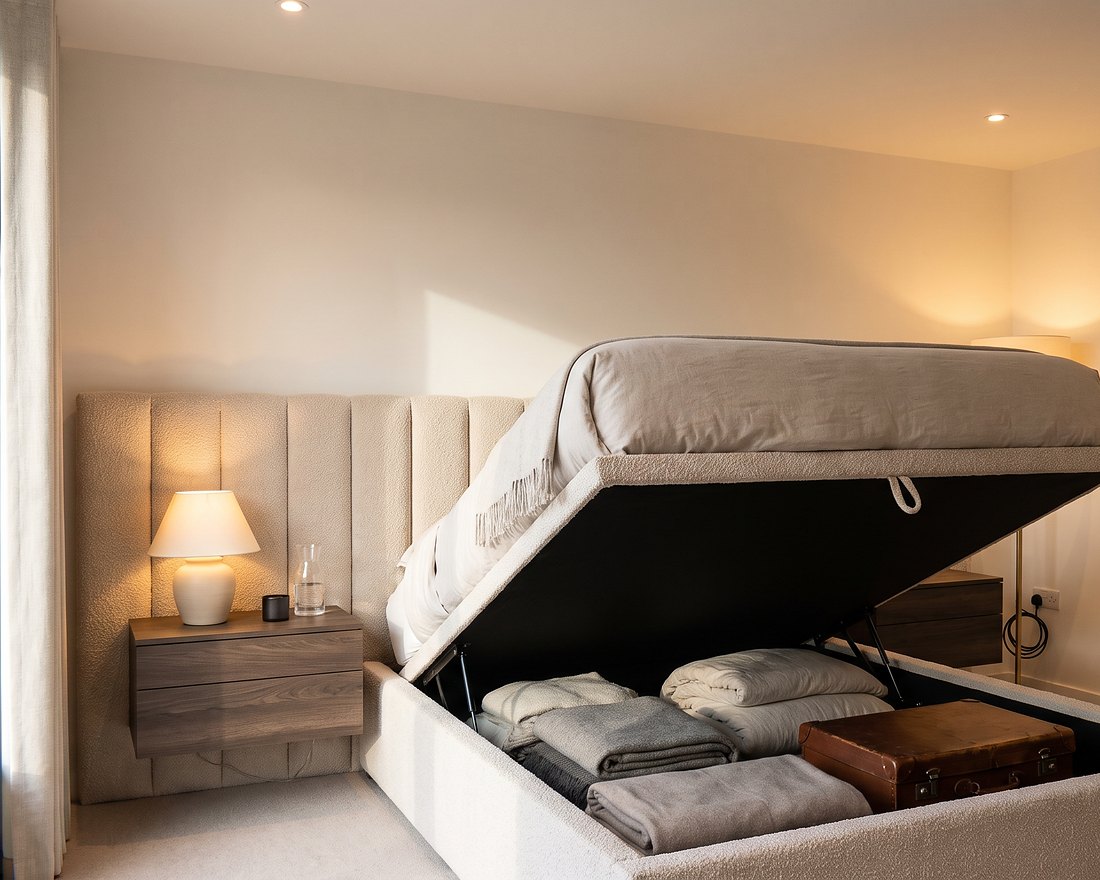 Upholstered bed with floating bedside units and matching dresser