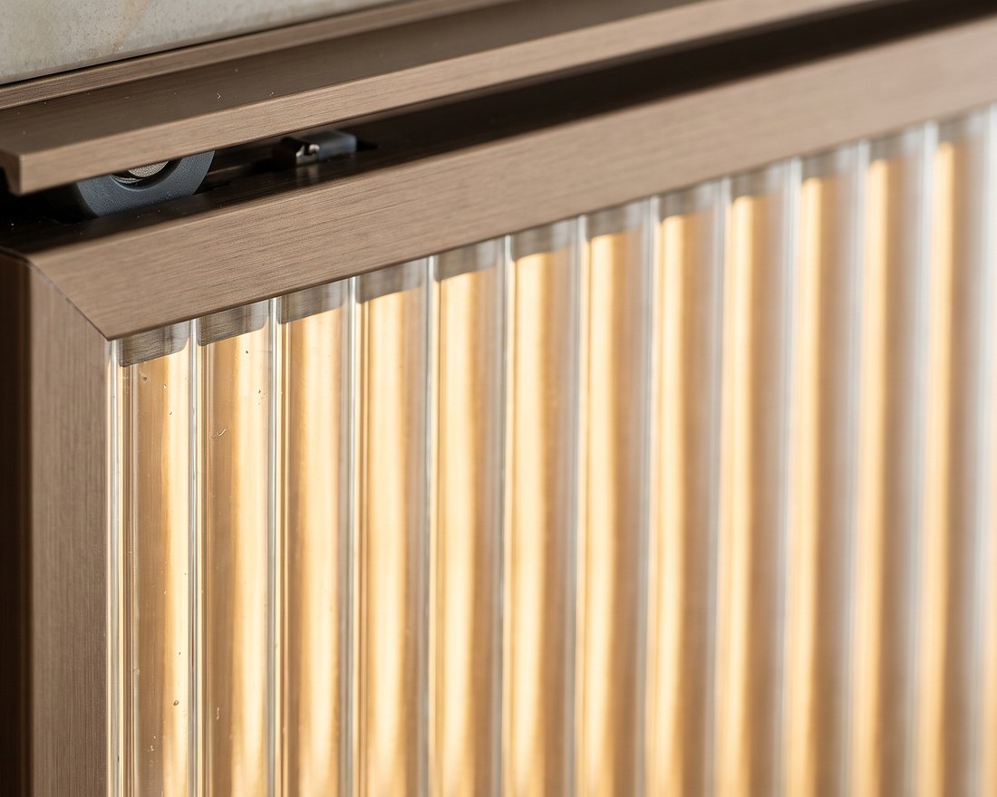Fluted glass shutter detail in slim black aluminium frame