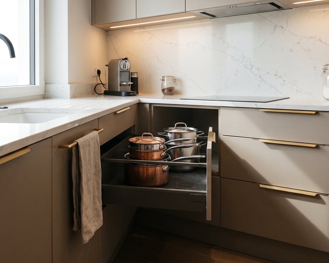 Handleless kitchen with quartz worktop and integrated appliances